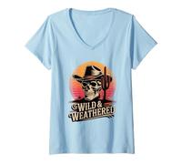 Mujer Cactus de Calavera de Vaquero Salvaje y Desgastado Country Western Camiseta Cuello V