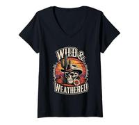 Mujer Cactus de Calavera de Vaquero Salvaje y Desgastado Country Western Camiseta Cuello V