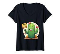Mujer Cactus de Dibujos Animados sosteniendo un Cartel Que Dice Abrazo con precaución, en Camiseta Cuello V