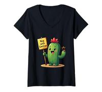 Mujer Cactus de Dibujos Animados sosteniendo un Cartel Que Dice Abrazo con precaución, en Camiseta Cuello V