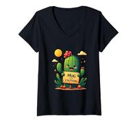 Mujer Cactus de Dibujos Animados sosteniendo un Cartel Que Dice Abrazo con precaución, en Camiseta Cuello V