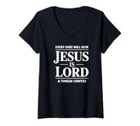 Mujer Cada Rodilla Arqueará Jesús es Señor Lengua Confesar Cristiano Camiseta Cuello V