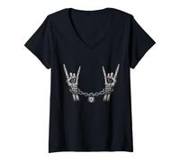Mujer Cadenas de Cuernos de Mano Rock On Skeleton Camiseta Cuello V