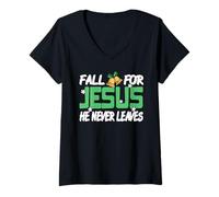 Mujer Caer por Jesús él Nunca se va Camiseta Cuello V