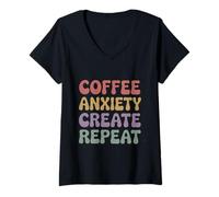 Mujer Café Ansiedad Crear Repeat Groovy 70s Vintage Creative Camiseta Cuello V