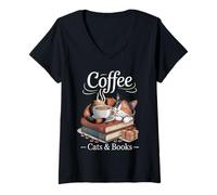 Mujer Café Gatos y Libros Cozy Calico Reader Love Cute Cat Camiseta Cuello V