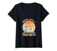 Mujer Café Gatos Yoga Retro Atardecer Divertido Chill Life Camiseta Cuello V