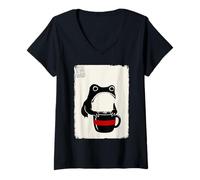 Mujer Café Grumpy Frog Funny Kawaii Japonés Camiseta Cuello V