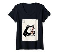 Mujer Café Helado Rana gruñón Divertido Kawaii Japonés Camiseta Cuello V
