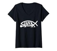 Mujer Café Java Darwin Evolucionista Pescado Ateos No Creyente Camiseta Cuello V