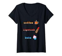 Mujer Café Labial Y Hornear Es Mi Rutina Camiseta Cuello V