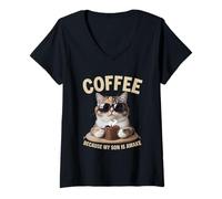 Mujer Café porque mi hijo está despierto amante de los gatos Camiseta Cuello V
