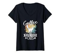 Mujer Café y Maine Coon Cats Mascota Gato Masculino Camiseta Cuello V