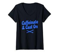 Mujer Caffeinate and Cast On Funny Knitting Camiseta Cuello V