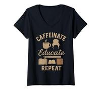 Mujer Caffeinate Educa, Repite la Vida de Maestra de café, Madre Que Estudia en casa Camiseta Cuello V