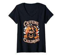 Mujer Caffeine and Cauldrons Witches Coffee Potions Halloween Camiseta Cuello V