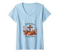 Mujer Caída de Jesús que nunca deja - Cristiano - Otoño Camiseta Cuello V