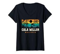 Mujer Cala Millor Mallorca Costa Este Playa Puesta De Sol Diseño Camiseta Cuello V