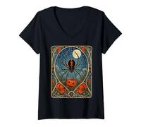 Mujer Calabaza Art Nouveau Black Widow Spider Halloween Camiseta Cuello V