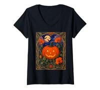 Mujer Calabaza Art Nouveau Halloween Jack O Lantern Camiseta Cuello V