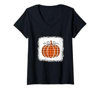 Mujer Calabaza de Halloween Blanqueada Naranja Buffalo Plaid Hombres Mujeres Camiseta Cuello V