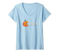 Mujer Calabaza de Halloween Persiguiendo Caramelos Boo, Sentido del Humor Espeluznante Camiseta Cuello V