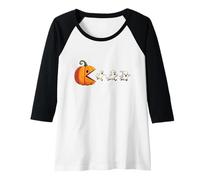Mujer Calabaza de Halloween Persiguiendo Caramelos Boo, Sentido del Humor Espeluznante Camiseta Manga Raglan