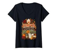 Mujer Calabaza Especias Beneficios Divertido Finanzas Halloween Camiseta Cuello V