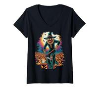 Mujer Calabaza Espeluznante espantapájaros pánico Camiseta Cuello V
