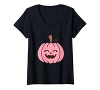 Mujer Calabaza Rosa Sonriente Feliz Halloween Camiseta Cuello V
