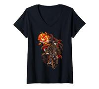 Mujer Calabaza Tallada con Gato sin Cabeza Jack O Lantern Camiseta Cuello V