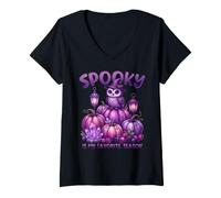 Mujer Calabazas de búho púrpura de Halloween Spooky Is My Favorite Season Camiseta Cuello V