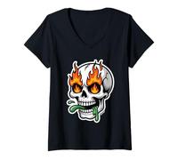 Mujer Calavera con Fuego en los Ojos y Lengua babosa Camiseta Cuello V