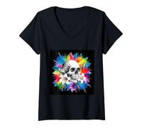 Mujer Calavera con Lirios para godos y emos Camiseta Cuello V