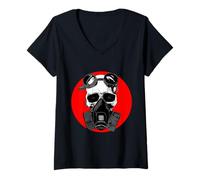Mujer Calavera con máscara de Gas y Gafas Steampunk de Terror Halloween Camiseta Cuello V