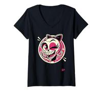 Mujer Calavera coqueta con moño y aretes grandes en estilo caricat Camiseta Cuello V