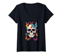 Mujer Calavera de azúcar con Coloridas Mariposas monarca Floral gótico Camiseta Cuello V