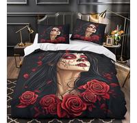mujer calavera de azúcar Impresión 3D 3 piezas cubrecama estilo artístico del día de muertos funda de colchón microfibra transpirable cierre cremallera para bebés chicos mujeres Single (135x200cm)