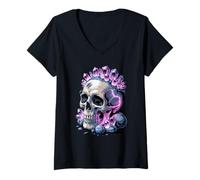 Mujer Calavera De Cristal Con Rayos Y Energía De Amatista Camiseta Cuello V