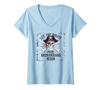 Mujer Calavera de Halloween deja que comiencen las travesuras piratas Camiseta Cuello V