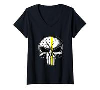 Mujer Calavera delgada línea amarilla Camiseta Cuello V
