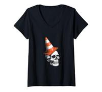 Mujer Calavera esqueleto con un cono de tráfico como sombrero Novedad Humor Camiseta Cuello V