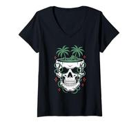 Mujer Calavera Isla Tropical Palmeras Enredaderas Arte Surreal Camiseta Cuello V