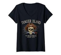 Mujer Calavera Pirata de la Isla de Tánger Virginia Desde 1670, Marfil Camiseta Cuello V