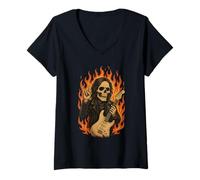 Mujer Calavera Rockera - Fire, Guitarra and Attitud Total Camiseta Cuello V