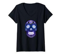 Mujer Calavera Sugar Skull Violeta Azul Arte Floral Gótico Camiseta Cuello V