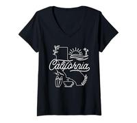 Mujer California Line Art Cool Artwork Sunset Surf Café Gráfico Camiseta Cuello V