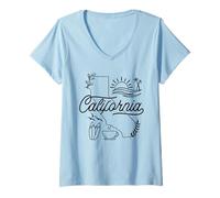 Mujer California Line Art Cool Artwork Sunset Surf Café Gráfico Camiseta Cuello V