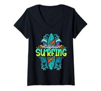 Mujer California Surfing Tabla de Surf Surfista Playa Océano Olas Camiseta Cuello V