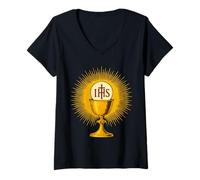 Mujer Cáliz para la Misa Católica Santa Eucaristía IHS Primera Comunión Camiseta Cuello V